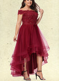 Adelaide A-Line Off-the-Shoulder Asymmetrical Tulle Lace Prom Dresses With Beading Sequins Bow(s) UKP0017565