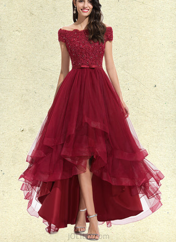 Adelaide A-Line Off-the-Shoulder Asymmetrical Tulle Lace Prom Dresses With Beading Sequins Bow(s) UKP0017565