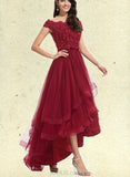 Adelaide A-Line Off-the-Shoulder Asymmetrical Tulle Lace Prom Dresses With Beading Sequins Bow(s) UKP0017565