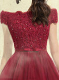 Adelaide A-Line Off-the-Shoulder Asymmetrical Tulle Lace Prom Dresses With Beading Sequins Bow(s) UKP0017565