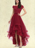 Adelaide A-Line Off-the-Shoulder Asymmetrical Tulle Lace Prom Dresses With Beading Sequins Bow(s) UKP0017565