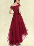 Adelaide A-Line Off-the-Shoulder Asymmetrical Tulle Lace Prom Dresses With Beading Sequins Bow(s) UKP0017565