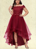 Adelaide A-Line Off-the-Shoulder Asymmetrical Tulle Lace Prom Dresses With Beading Sequins Bow(s) UKP0017565