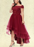 Adelaide A-Line Off-the-Shoulder Asymmetrical Tulle Lace Prom Dresses With Beading Sequins Bow(s) UKP0017565