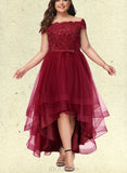 Adelaide A-Line Off-the-Shoulder Asymmetrical Tulle Lace Prom Dresses With Beading Sequins Bow(s) UKP0017565