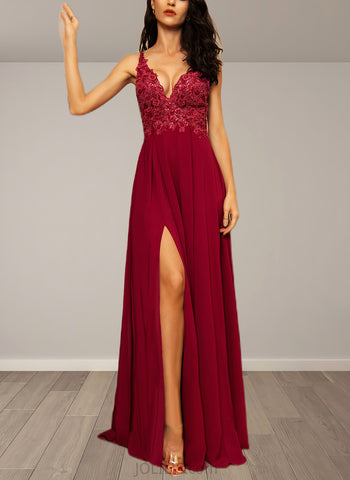 Amaya A-Line V-neck Floor-Length Chiffon Lace Prom Dresses With Sequins UKP0017566