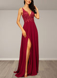 Amaya A-Line V-neck Floor-Length Chiffon Lace Prom Dresses With Sequins UKP0017566