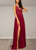 Amaya A-Line V-neck Floor-Length Chiffon Lace Prom Dresses With Sequins UKP0017566