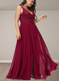 Amaya A-Line V-neck Floor-Length Chiffon Lace Prom Dresses With Sequins UKP0017566