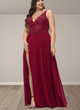 Amaya A-Line V-neck Floor-Length Chiffon Lace Prom Dresses With Sequins UKP0017566