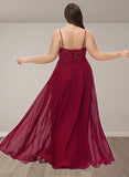 Amaya A-Line V-neck Floor-Length Chiffon Lace Prom Dresses With Sequins UKP0017566