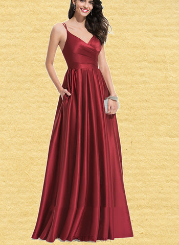 Renee A-line V-Neck Floor-Length Satin Prom Dresses With Pleated UKP0017567