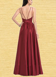 Renee A-line V-Neck Floor-Length Satin Prom Dresses With Pleated UKP0017567