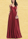 Renee A-line V-Neck Floor-Length Satin Prom Dresses With Pleated UKP0017567