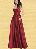 Renee A-line V-Neck Floor-Length Satin Prom Dresses With Pleated UKP0017567