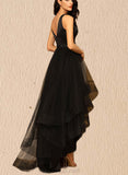 Fatima A-Line V-neck Asymmetrical Satin Tulle Prom Dresses With Beading UKP0017569