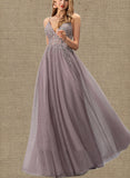 Audrey A-Line V-neck Floor-Length Tulle Lace Prom Dresses With Beading Sequins UKP0017571