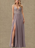 Audrey A-Line V-neck Floor-Length Tulle Lace Prom Dresses With Beading Sequins UKP0017571