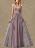 Audrey A-Line V-neck Floor-Length Tulle Lace Prom Dresses With Beading Sequins UKP0017571