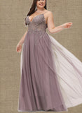 Audrey A-Line V-neck Floor-Length Tulle Lace Prom Dresses With Beading Sequins UKP0017571