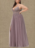 Audrey A-Line V-neck Floor-Length Tulle Lace Prom Dresses With Beading Sequins UKP0017571