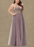 Audrey A-Line V-neck Floor-Length Tulle Lace Prom Dresses With Beading Sequins UKP0017571