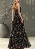 Jeanie A-Line V-neck Floor-Length Lace Prom Dresses With Beading UKP0017572