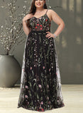 Jeanie A-Line V-neck Floor-Length Lace Prom Dresses With Beading UKP0017572