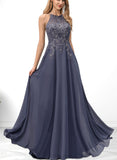 Jennifer A-Line Scoop Floor-Length Chiffon Lace Prom Dresses With Sequins UKP0017573