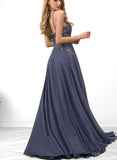 Jennifer A-Line Scoop Floor-Length Chiffon Lace Prom Dresses With Sequins UKP0017573