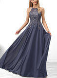 Jennifer A-Line Scoop Floor-Length Chiffon Lace Prom Dresses With Sequins UKP0017573