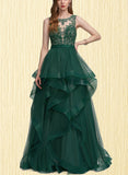 Aniyah Ball-Gown/Princess Scoop Illusion Floor-Length Tulle Lace Prom Dresses UKP0017576