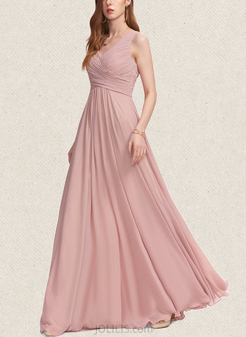 LuLu A-Line V-neck Floor-Length Chiffon Prom Dresses With Pleated UKP0017578