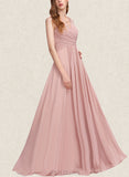 LuLu A-Line V-neck Floor-Length Chiffon Prom Dresses With Pleated UKP0017578