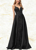 Lilah Sheath/Column V-neck Floor-Length Satin Sequined Prom Dresses UKP0017583