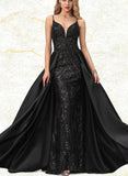 Lilah Sheath/Column V-neck Floor-Length Satin Sequined Prom Dresses UKP0017583