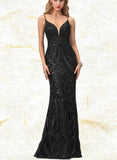 Lilah Sheath/Column V-neck Floor-Length Satin Sequined Prom Dresses UKP0017583