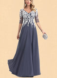 Alondra A-Line V-neck Floor-Length Chiffon Lace Prom Dresses UKP0017585