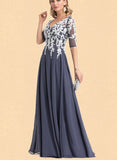 Alondra A-Line V-neck Floor-Length Chiffon Lace Prom Dresses UKP0017585