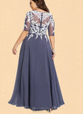 Alondra A-Line V-neck Floor-Length Chiffon Lace Prom Dresses UKP0017585