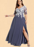 Alondra A-Line V-neck Floor-Length Chiffon Lace Prom Dresses UKP0017585