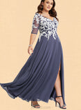 Alondra A-Line V-neck Floor-Length Chiffon Lace Prom Dresses UKP0017585