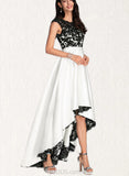 Amari A-Line Scoop Illusion Asymmetrical Satin Lace Prom Dresses UKP0017588