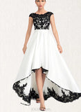 Amari A-Line Scoop Illusion Asymmetrical Satin Lace Prom Dresses UKP0017588