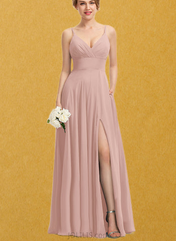 Sage A-line V-Neck Floor-Length Chiffon Prom Dresses With Pleated UKP0017589