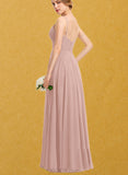 Sage A-line V-Neck Floor-Length Chiffon Prom Dresses With Pleated UKP0017589