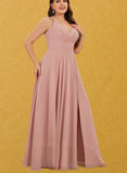 Sage A-line V-Neck Floor-Length Chiffon Prom Dresses With Pleated UKP0017589