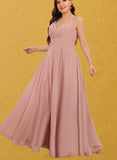 Sage A-line V-Neck Floor-Length Chiffon Prom Dresses With Pleated UKP0017589