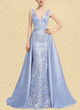 Brittany Sheath/Column V-neck Sweep Train Satin Lace Prom Dresses With Beading Sequins UKP0017590