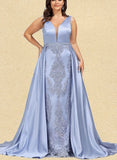 Brittany Sheath/Column V-neck Sweep Train Satin Lace Prom Dresses With Beading Sequins UKP0017590